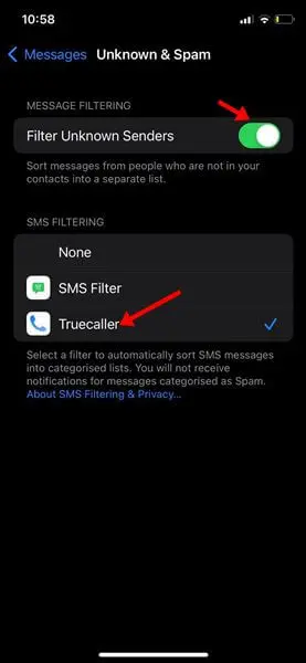 تصفية الرسائل عبر تطبيق Truecaller في هواتف الآيفون 1