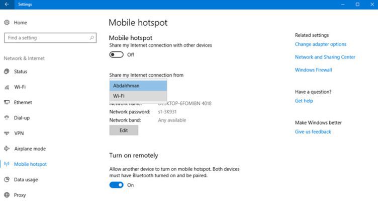 تنشيط ميزة مشاركة الإنترنت من الكمبيوتر في نظام التشغيل Windows 10