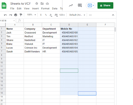 تحويل جدول بيانات Google إلى تنسيق VCF