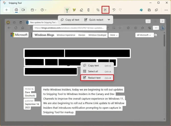 طريقة إخفاء النصوص من لقطات الشاشة عبر أداة القصاصة في Windows 11